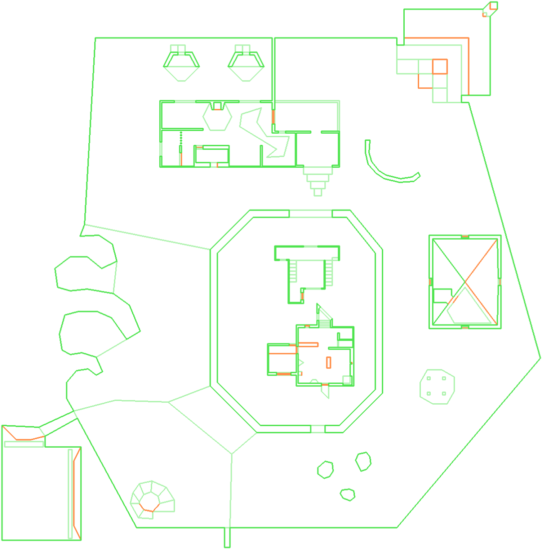 Automap of DOOM II MAP16: Suburbs, showing a house at the centre of a walled yard.